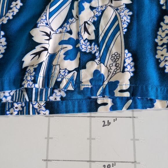 Vintage Tiki Palm Hawaiian Shirt Mens L Blue Rayon Hibiscus 90s Summer Vacation - Picture 7 of 7